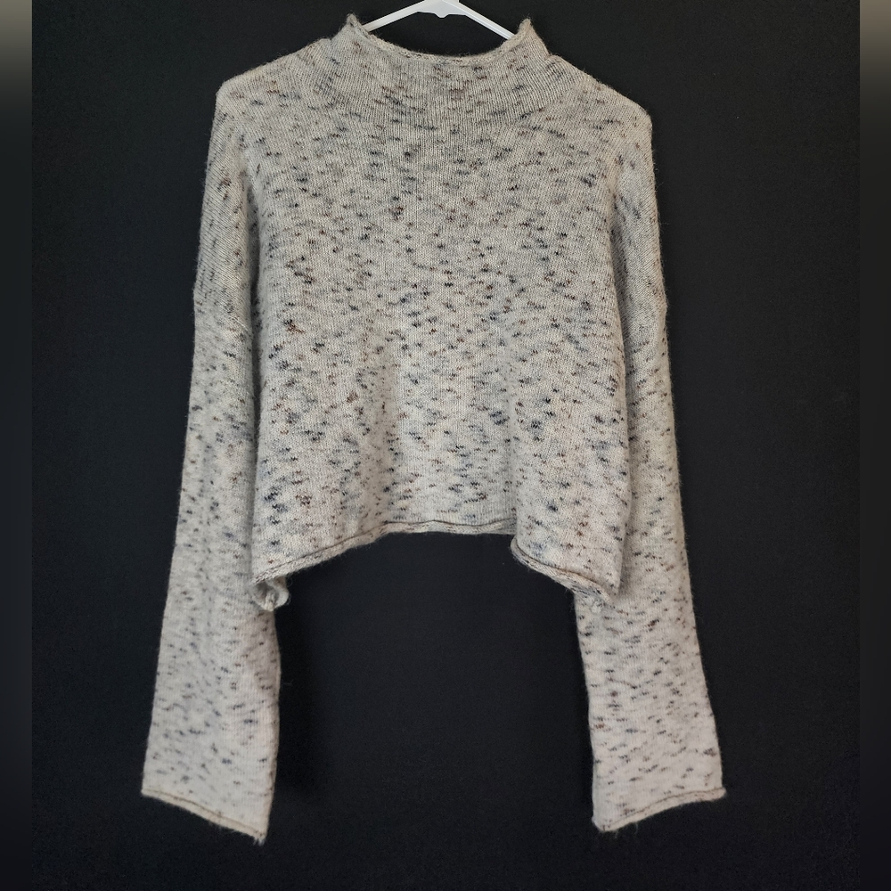 Speckled Gray Knit Crop Sweater with Mock Neck, S